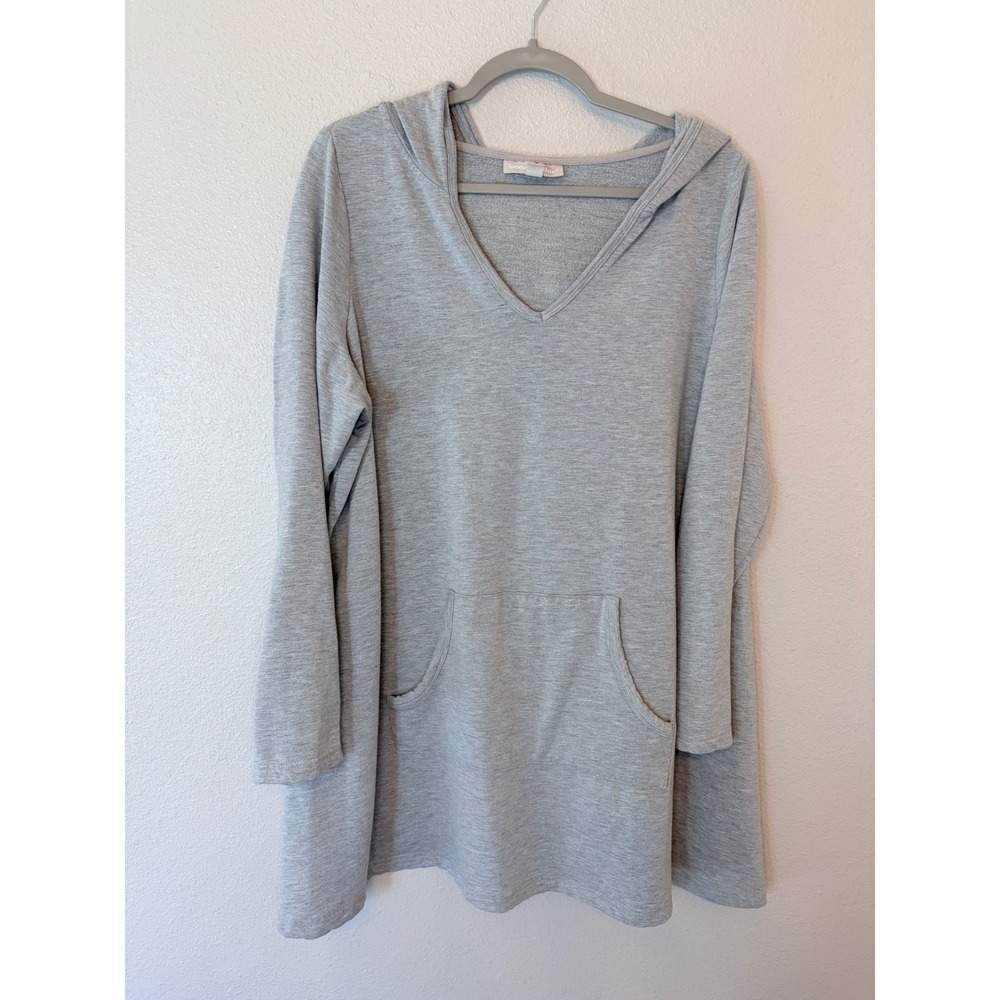 Gray Long Sleeve Hooded Tunic Top Heathered Flowy Pullover Sweater Women XL